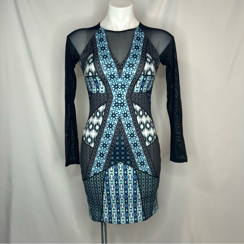 Guess Bodycon Mesh Geometric Blue & Black Long Sleeve Dress, Size 0